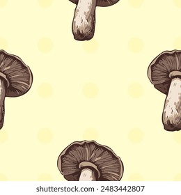 Mushroom seamless pattern. Designs on polka dot, grid, and plain backgrounds in beige, yellow, brown, and red. Perfect for fabrics, wallpapers, and digital projects