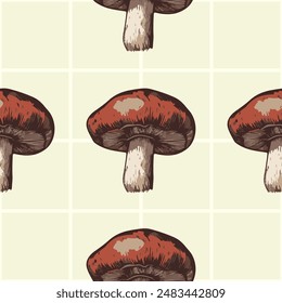 Mushroom seamless pattern. Designs on grid, and plain backgrounds in beige, yellow, brown, and red. Perfect for fabrics, wallpapers, and digital projects