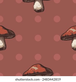 Mushroom seamless pattern. Designs on polka dot, grid, and plain backgrounds in beige, yellow, brown, and red. Perfect for fabrics, wallpapers, and digital projects