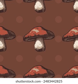 Mushroom seamless pattern. Designs on polka dot, grid, and plain backgrounds in beige, yellow, brown, and red. Perfect for fabrics, wallpapers, and digital projects
