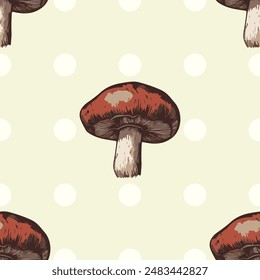 Mushroom seamless pattern. Designs on polka dot, grid, and plain backgrounds in beige, yellow, brown, and red. Perfect for fabrics, wallpapers, and digital projects