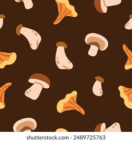 Mushroom, seamless pattern. Endless design with forest fungus, chanterelle, boletus. Repeating print, autumn texture. Fall fungi, printable wrapping, wallpaper, textile. Flat vector illustration