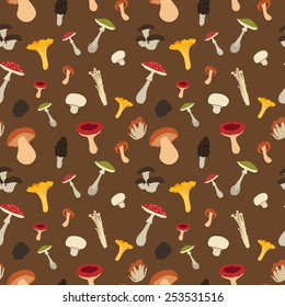 Mushroom seamless pattern with flat design. Vector Illustration