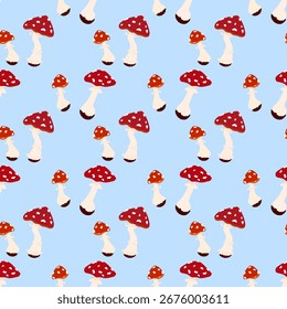 Mushroom seamless pattern. Fly agaric for wrapper, background, textile. Vector illustration on blue background.