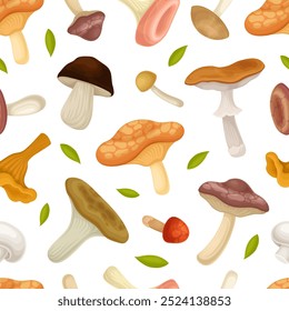 Mushroom Seamless Pattern with Forest Plant with Stem and Cap Vector Template