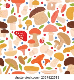 Mushroom seamless pattern. Forest planting, autumn mushroom, leaves and berries. Fall wild nature elements, harvest decent vector fabric print