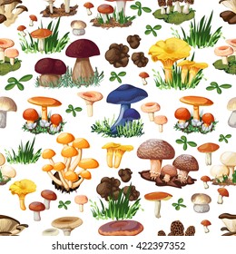 Mushroom seamless pattern with forest wild species  so as suillus puffball russula chanterelle shiitake morel truffle honey fungus cartoon vector illustration