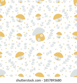 Mushroom seamless pattern. Hand drawn nature design. Vector  wallpaper with mushrooms, houses and leaves. Kids sketch doodle style. Pastel color. Funny and cute. Bicolor print for clothes, linens.