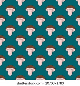 mushroom seamless pattern hand drawn. vector, minimalism, scandinavian, trendy colors 2022, green, brown. porcini mushroom, textiles wallpaper wrapping paper background