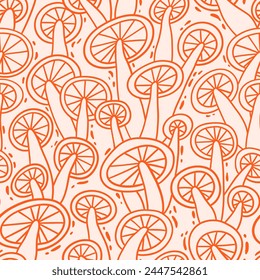 Mushroom seamless pattern. Hand drawn textured fungus doodle print for wrapping paper, textile, background. Abstract retro outline drawing pattern.