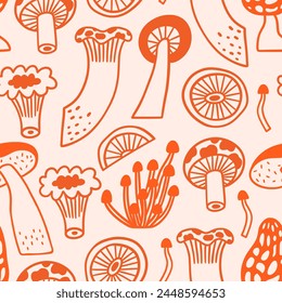 Mushroom seamless pattern in hand drawn outline style. Cute doodle vector print with boletus, enoki, toadstool and others. Big collection of edible and non-edible mushrooms.