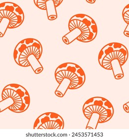 Mushroom seamless pattern. Hand drawn textured russula fungus doodle print for wrapping paper, textile, background. Abstract retro outline drawing pattern.