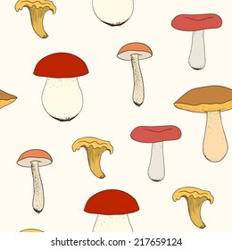 Mushroom seamless pattern. Isolated cartoon mushrooms on a white background. Stock illustration. Vector.