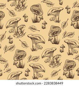 Mushroom seamless pattern in a line sketch style. Yellow background. 