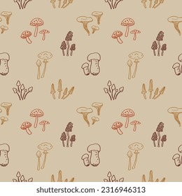 Mushroom Seamless pattern with mushrooms. Repeating background with fly agaric, fungus, boletus, forest motif for packaging, textile, print, template, card. Decorative ornament boho style hand drawn 