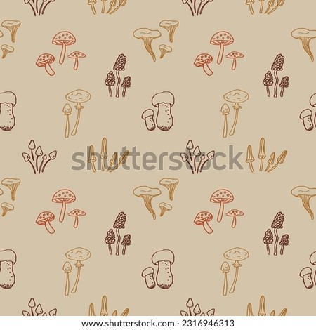Mushroom Seamless pattern with mushrooms. Repeating background with fly agaric, fungus, boletus, forest motif for packaging, textile, print, template, card. Decorative ornament boho style hand drawn 