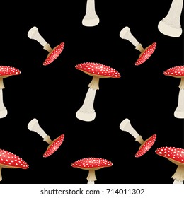 Mushroom seamless pattern on black background. Red agaric, white dots. Vector illustration