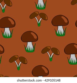 Mushroom seamless pattern on brown background