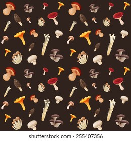 Mushroom seamless pattern on dark background. Vector 