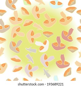 Mushroom seamless pattern on a light radiance  green background.