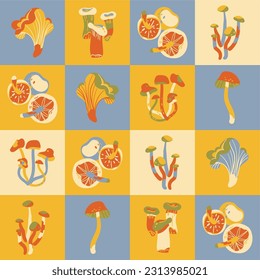 Mushroom seamless pattern on tiles blue and yellow background. Vector hand drawn food fungus illustration for greeting card, fabric, wallpaper or wrapping paper