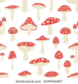 Cogumelo Padrão Sem Costura, Fundo Vermelho Amanita, Ilustração Vetor. Decoração da natureza da floresta, textura da floresta, impressão gráfica do outono, tecido de conto de fadas, papel de parede orgânico, design botânico mágico