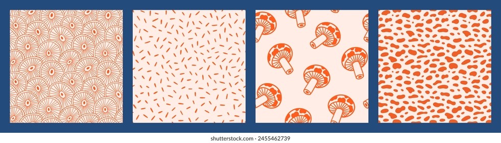 Mushroom seamless pattern set in hand drawn outline style. Cute doodle vector print with strokes, blobs and mushrooms. Collection of trendy neutral backgrounds