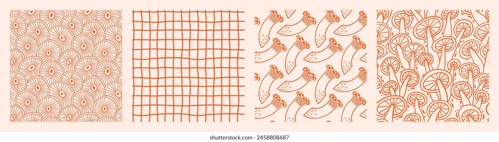 Mushroom seamless pattern set in hand drawn outline style. Cute doodle vector print with plaid and mushrooms. Collection of trendy neutral backgrounds.