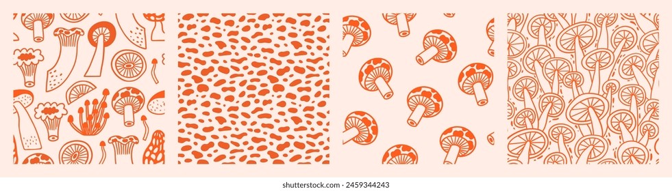 Mushroom seamless pattern set in hand drawn outline style. Cute doodle vector print with strokes, blobs and mushrooms. Collection of trendy neutral backgrounds.