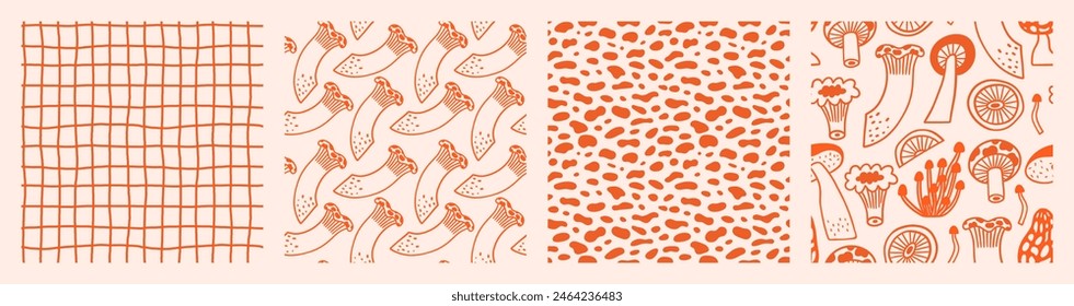 Mushroom seamless pattern set in hand drawn outline style. Cute doodle vector print with plaid, blobs and mushrooms. Collection of trendy neutral backgrounds.