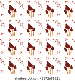 Mushroom seamless pattern with sprigs of berries. Vector illustration on a white background