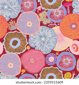 Mushroom seamless pattern. Top view colourful hand drawn illustration. For scrapbooking, greetings, DIY projects, textile, wrapping paper, packaging.