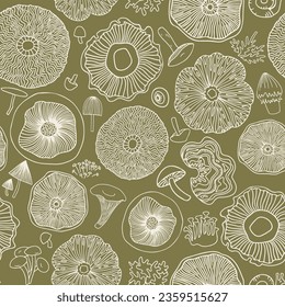 Mushroom seamless pattern. Top view monochromatic outline hand drawn illustration. For scrapbooking, greetings, DIY projects, textile, wrapping paper, packaging