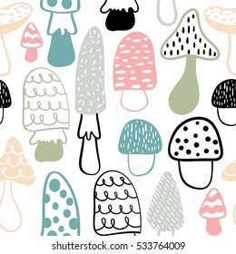 Mushroom seamless pattern. Vector modern doodle background.Great looks on kids textile.