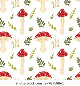 Mushroom seamless pattern, vector red amanita muscaria background with autumn leaves, berries and grass.