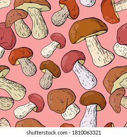 Mushroom seamless pattern. White mushrooms. Cartoon style. Stock illustration. Design for cafe, wallpaper, packaging, fabric, textile, wrapping paper.