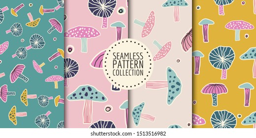 Mushroom seamless patterns set in vector. Cute multicolored hand-drawn repeating prints, backgrounds, wrappers, covers