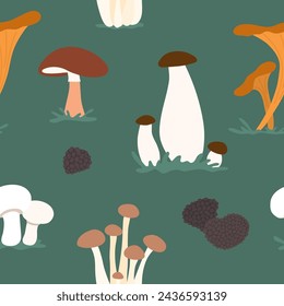 Mushroom seamless vector pattern. Edible autumn fungi icon. Mushrooms background, wrapping, textile, package print design. Boletus, chanterelle, champignon, honey fungus, porcini, truffle illustration