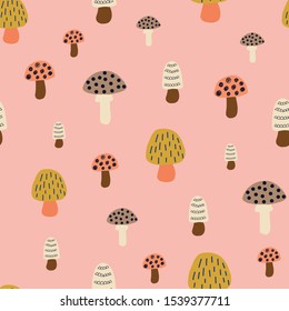 Mushroom seamless vector pattern. Modern doodle background hand drawn mushroom nature illustration in pink white brown gold. For kids fabric, fall decoration, Thanksgiving card, surface pattern design