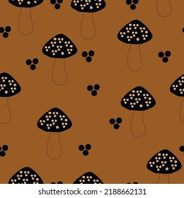 Mushroom seamless vector pattern on brown background