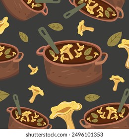 Mushroom season. Delicious chanterelle mushrooms. Autumn cozy pattern with mushroom soup in a pot. Cozy seasonal background