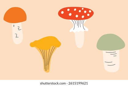 Mushroom set. Autumn set of hand drawn cute and cozy design elements. Autumn, Thanksgiving, fall season.