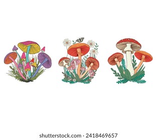 Mushroom set design. Hand drawn toadstool. Toadstool digital painting. Mushroom graphic print t-shirt design. Poisonous mushrooms Vector illustration. Flower and butterfly set artwork.