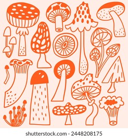 Mushroom set in hand drawn outline style. Cute doodle vector illustrations of boletus, enoki, toadstool and others. Big collection of edible and non-edible mushrooms.