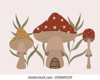 Mushroom set of vector illustrations in flat design isolated on white. Autumn Green twig. Leaf fall