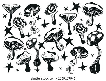 Mushroom set of vector illustrations isolated on black. Porcini mushrooms, chanterelles, champignons, fly agarics. A set of ingredients for a witch's potion. Cartoon style. Design for textiles.