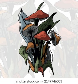Mushroom set of vector illustrations isolated on black. Porcini mushrooms, chanterelles, champignons, fly agarics. A set of ingredients for a witch's potion. Cartoon style. Design for textiles.