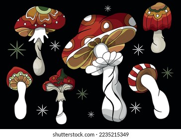 Mushroom set of vector illustrations isolated on black. White mushroom, chanterelles, honey agarics, champignons, fly agarics, morels. Set of ingredients for the witch's potion. Cartoon style.