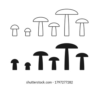Mushroom shape icon collection. Champignon silhouette set. Simple flat shape toadstool icon symbol. Different size pattern logo sign. Vector illustration image. Isolated on white background.