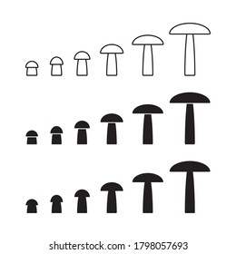 Mushroom shape icon collection. Growing champignon silhouette vector set. Simple flat shape toadstool icon symbol. Different size pattern logo sign. Isolated on white background.